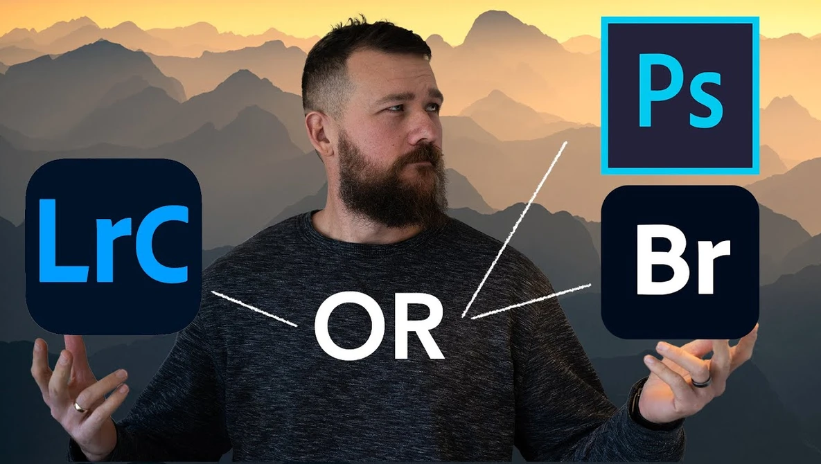 Bearded man gesturing toward three software logos: Lightroom Classic, Photoshop, and Bridge, with 'OR' text in the center.