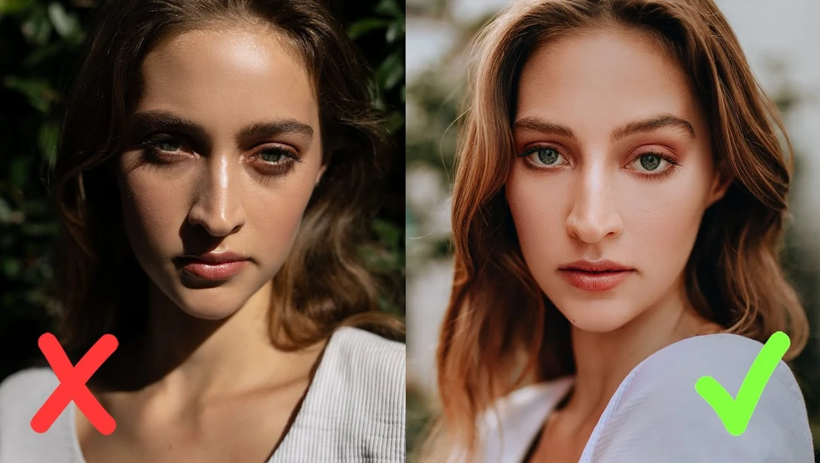 Side-by-side portrait comparison showing before and after editing of a female subject's face.