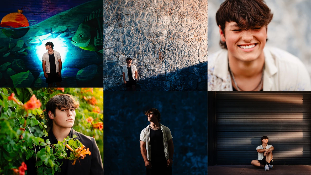 Six portrait photographs of a young man in various outdoor and studio settings with different lighting and backgrounds.