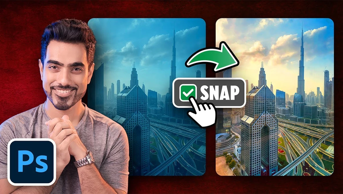 Screenshot showing Photoshop interface with cityscape image editing and Snap tool demonstration.