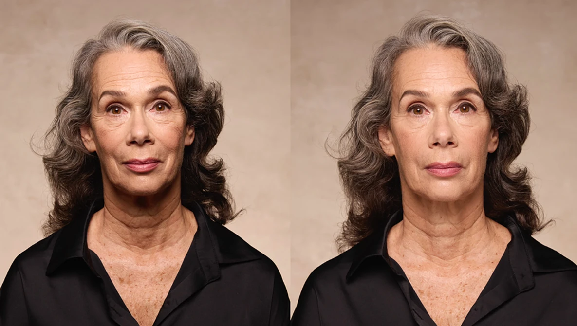 Side-by-side portrait comparison showing subtle differences in facial lighting and skin texture on a neutral beige background.