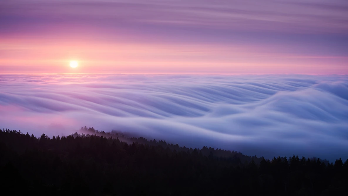 Sun rising above a sea of clouds with forested mountains silhouetted below during golden hour.