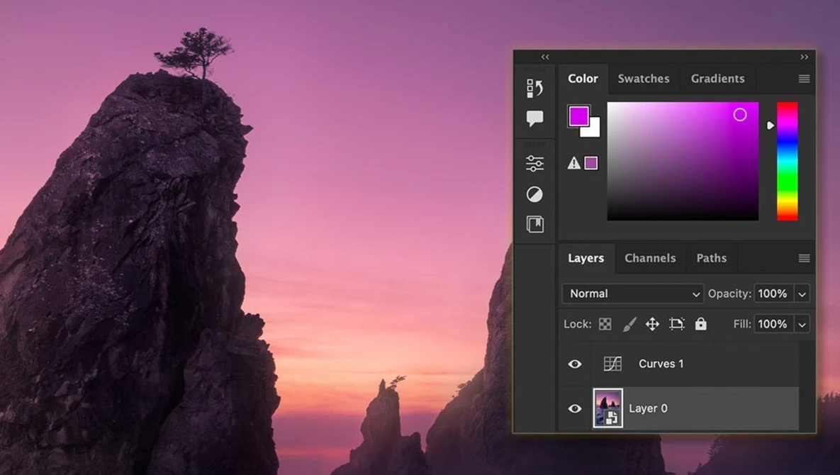 Rocky sea stacks silhouetted against a magenta and orange sunset sky, with a color adjustment panel open in editing software.