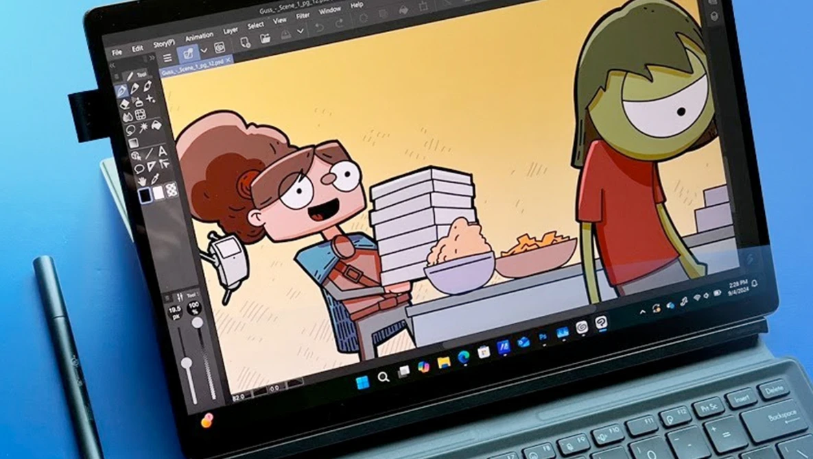 Screenshot of digital illustration software showing cartoon characters in a stylized workspace scene.
