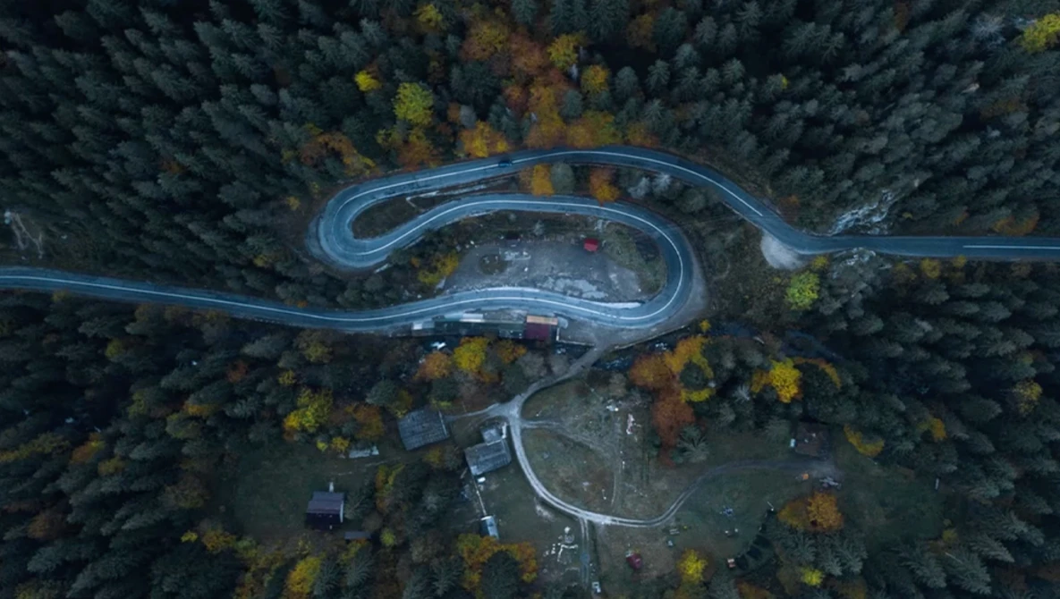 Aerial view of a winding mountain road cutting through dense forest with scattered autumn foliage.