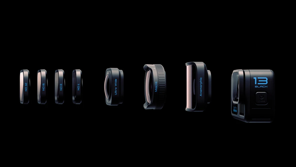 Product lineup of seven camera accessories displayed in profile view against a black background.
