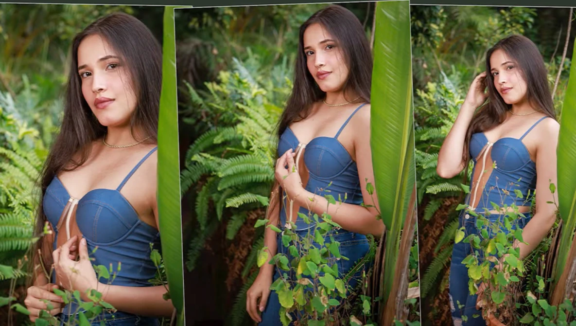 Portrait series of a woman with long dark hair posed among green foliage and large tropical leaves.