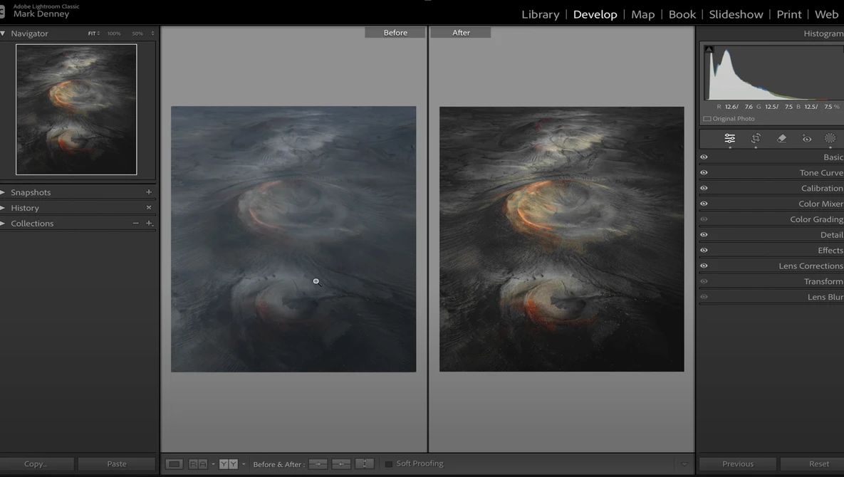 Screenshot of Lightroom develop module showing before and after edits of a dramatic storm cloud photograph.