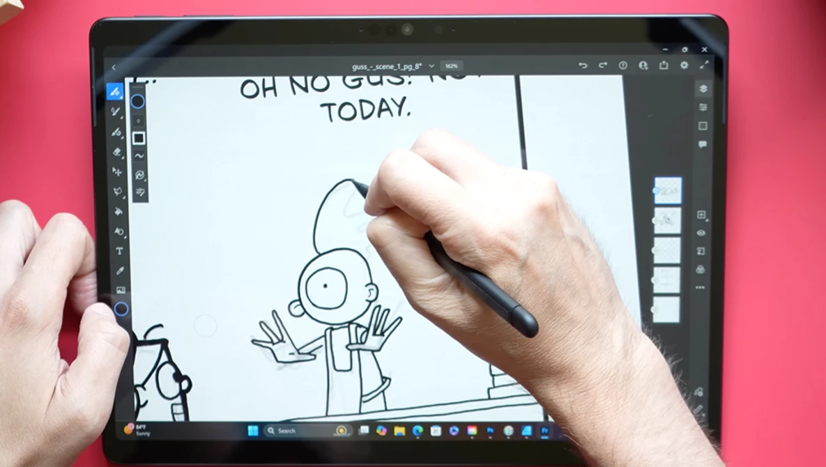 Screenshot of digital drawing software showing a stick figure character with text "OH NO GUS IS TODAY" being sketched with a stylus.
