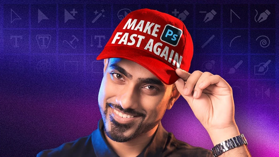 Man wearing red cap with Photoshop logo adjusting hat brim against purple gradient background.