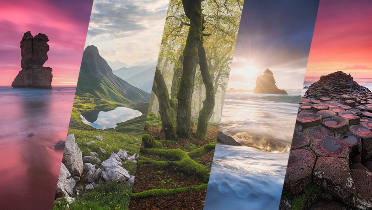 Composite of five landscape photographs showing coastal rock formations, misty mountains, and moss-covered trees at sunrise and sunset.