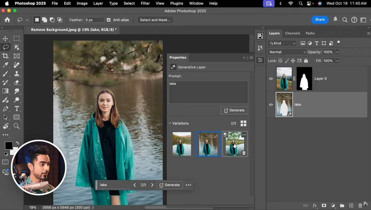 Screenshot of Photoshop 2025 showing portrait editing with generative fill variations panel open.