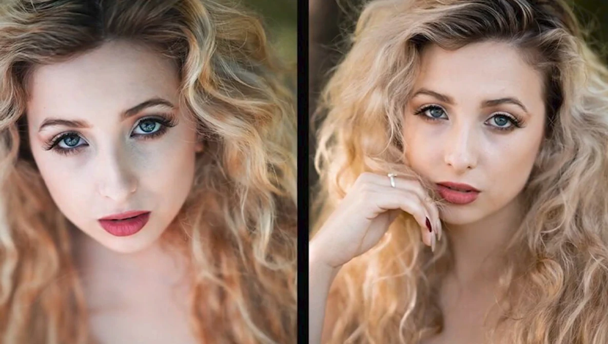 Side-by-side portrait comparison showing subtle differences in pose, expression, and lighting on a blonde woman.