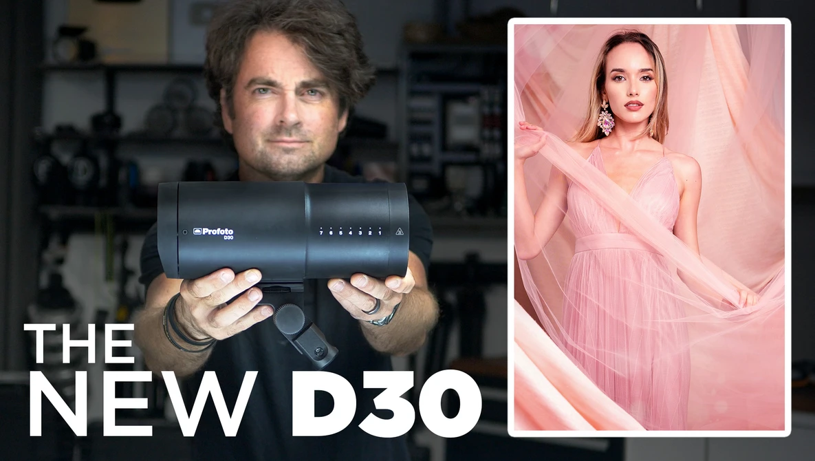 Photographer holding a Profoto D30 flash unit with product comparison image on right.