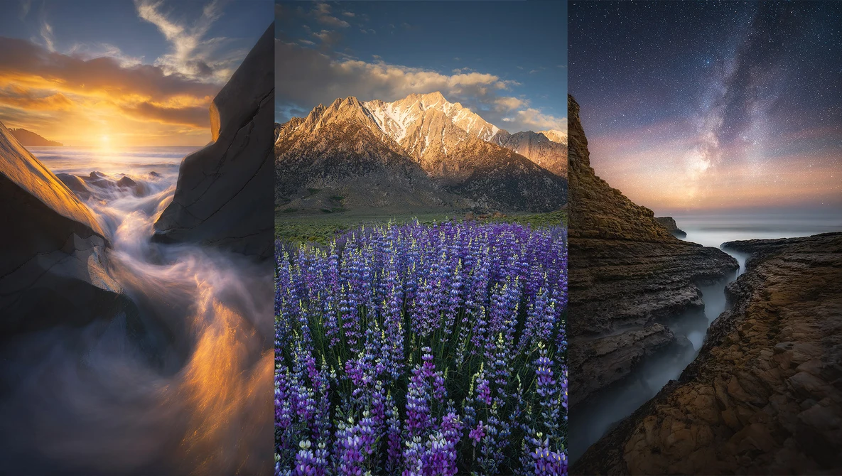 Triptych of landscape photography showcasing dramatic skies, mountains, and water features at golden hour and night.