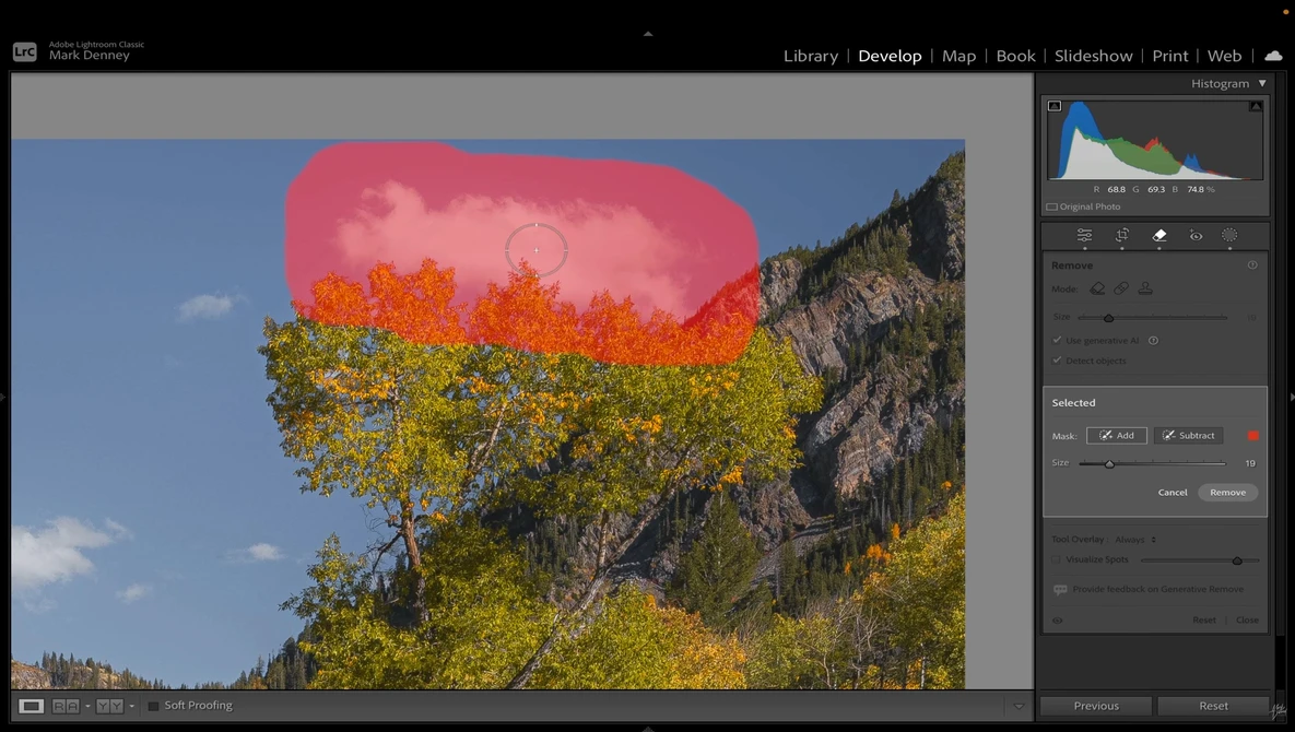 Screenshot of photo editing software showing a landscape image with a red selection mask overlaid on the sky and upper foliage.