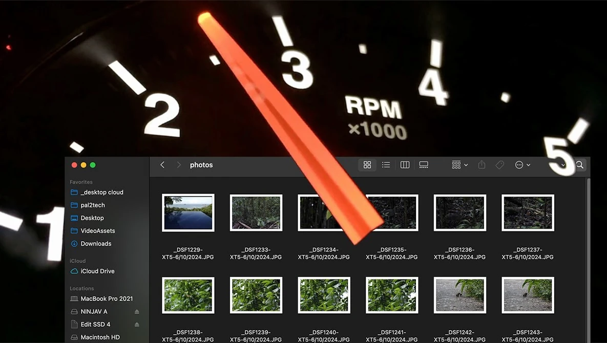 Screenshot of a photo library interface overlaid with a close-up of a car's analog RPM gauge.