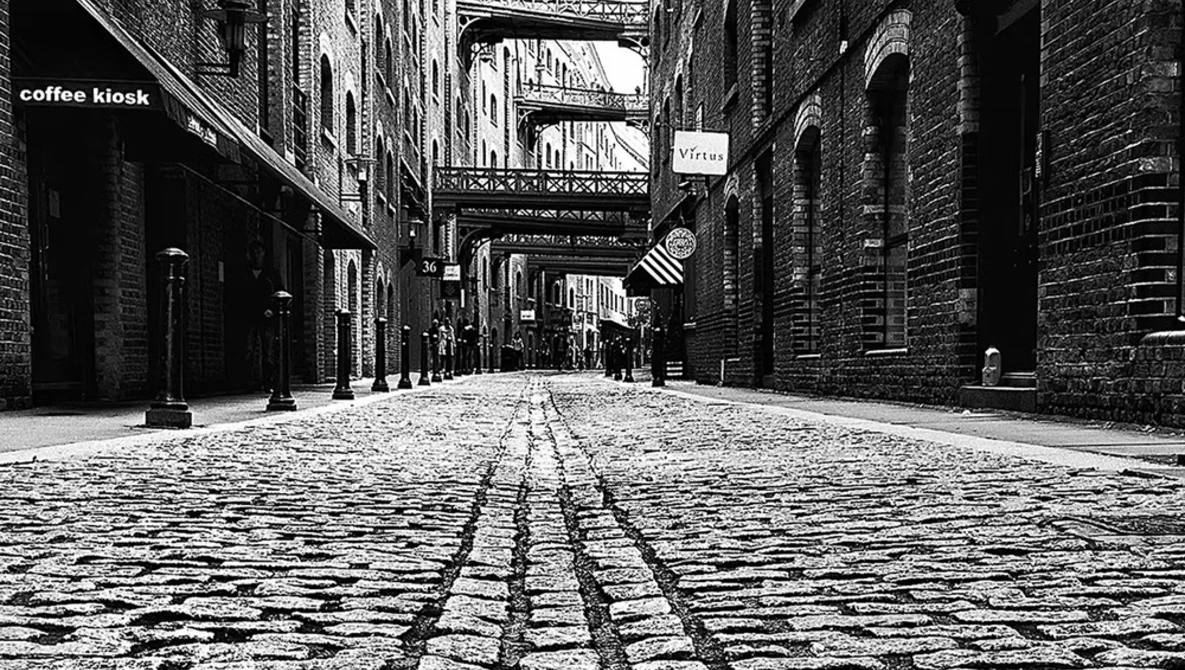 Cobblestone alley lined with brick buildings and overhead walkways, converging toward distant street.