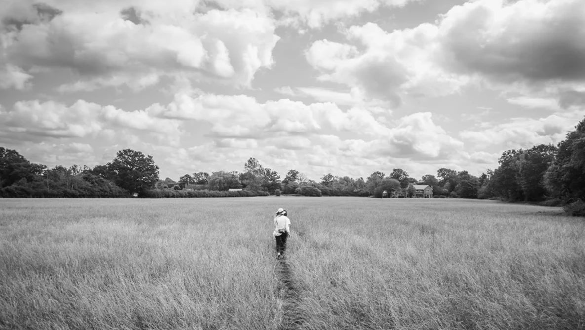 Solitary figure walking away through a vast grain field toward distant treeline under dramatic cloudy sky.