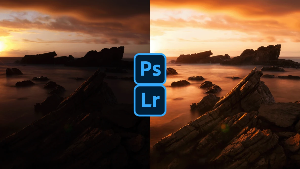 Side-by-side comparison of a coastal sunset photograph showing before and after editing with Photoshop and Lightroom.