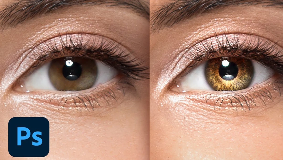 Screenshot of Photoshop eye color editing comparison showing before and after of iris color change.