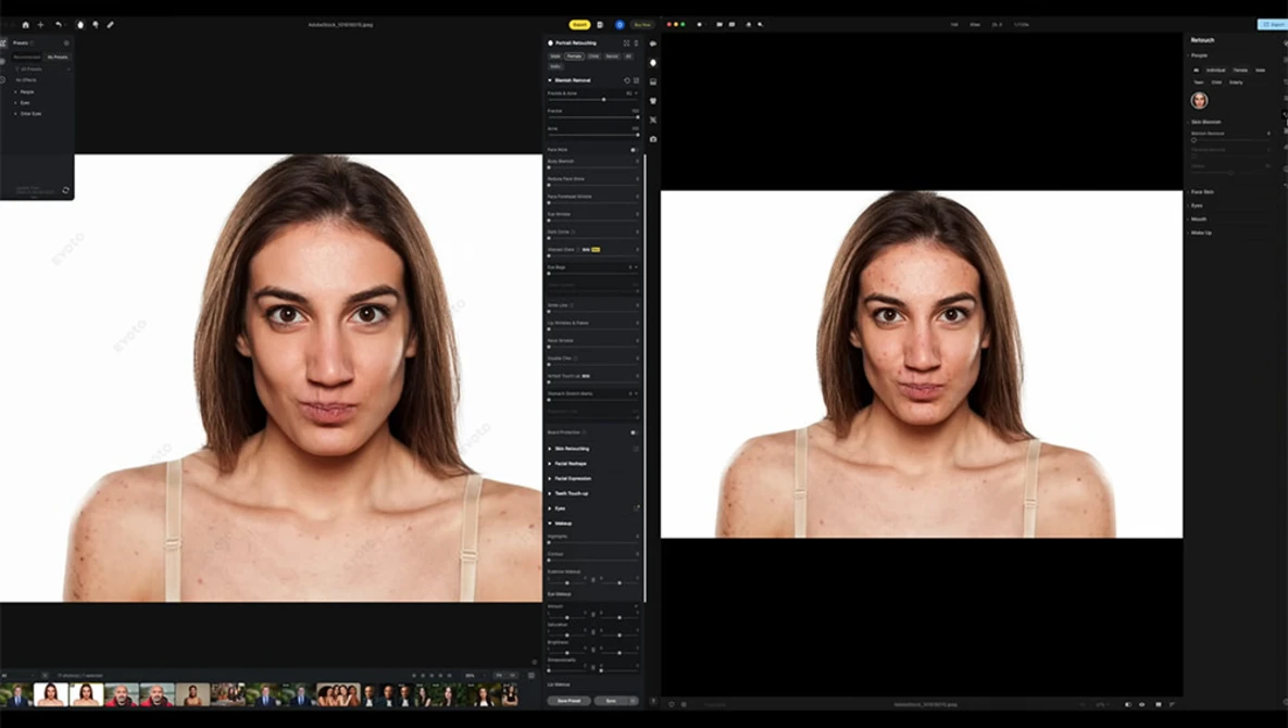 Before and after comparison of portrait retouching in photo editing software.