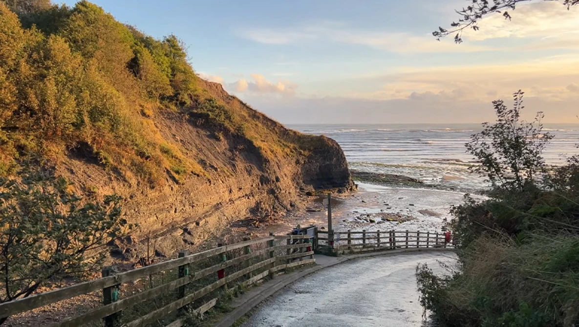 Wooden boardwalk descending a grass-covered cliff toward a calm sea at golden hour.