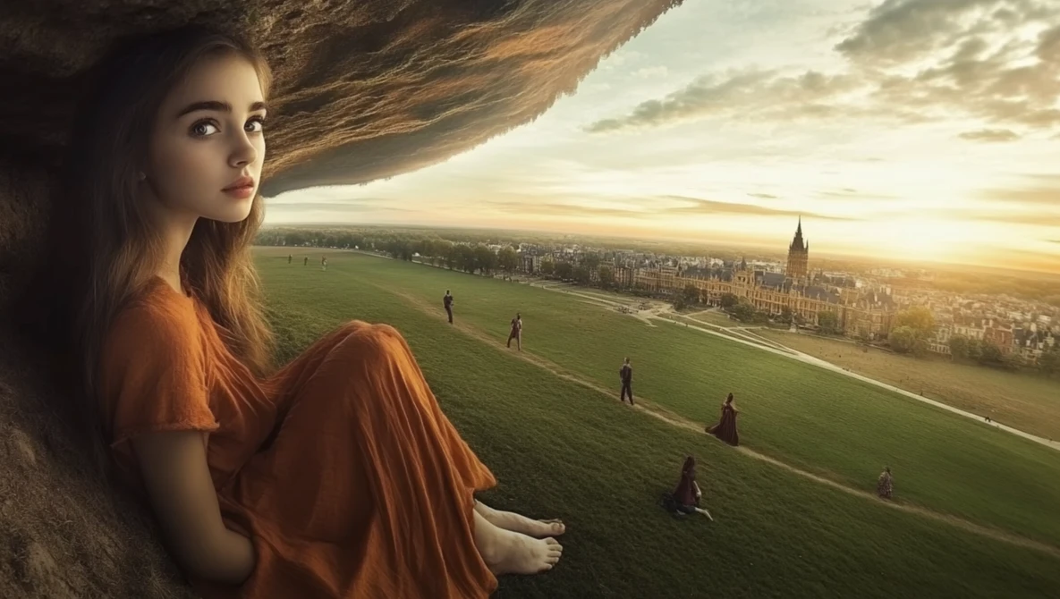 Woman in orange dress perched on rocky outcrop overlooking expansive valley and distant city at sunset.