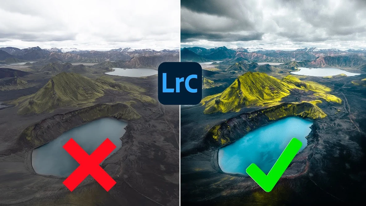 Screenshot comparing Lightroom Classic edits of an Icelandic landscape with volcanic peaks and crater lake, showing before and after versions.