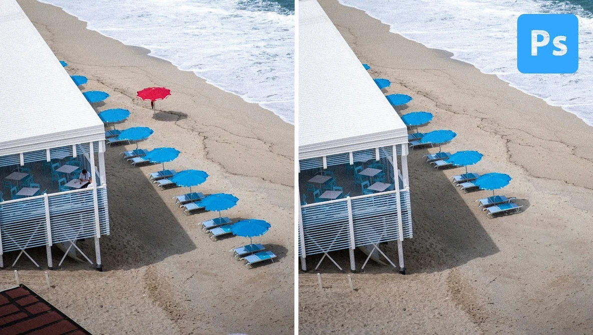 Before and after comparison showing removal of a red umbrella from a beach scene with blue umbrellas and a lifeguard station.