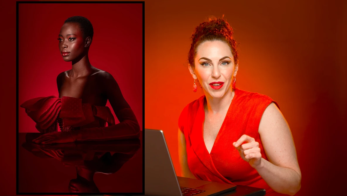 Two portrait studio photographs with monochromatic background lighting and dramatic side-angle composition.