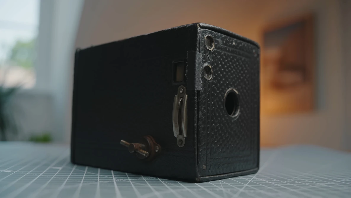 Vintage black box camera with textured leather surface and brass hardware on gridded surface.