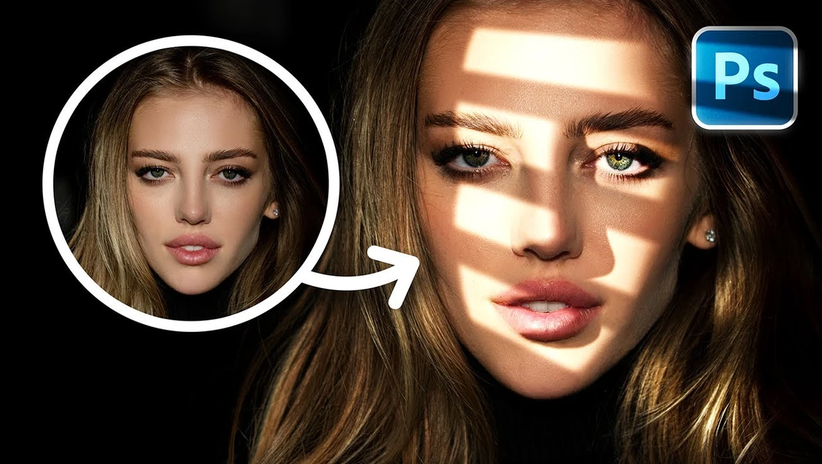Screenshot showing Photoshop portrait retouching comparison with before and after versions.
