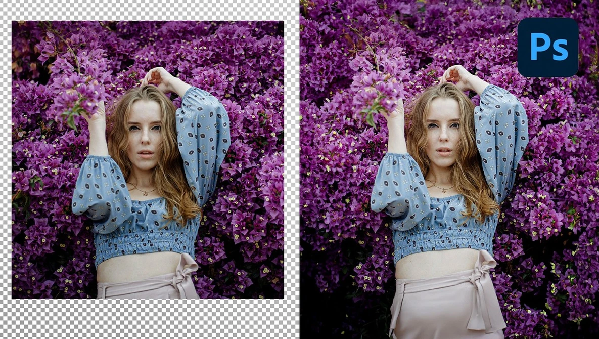 Before and after comparison showing background removal and replacement in portrait photography editing.