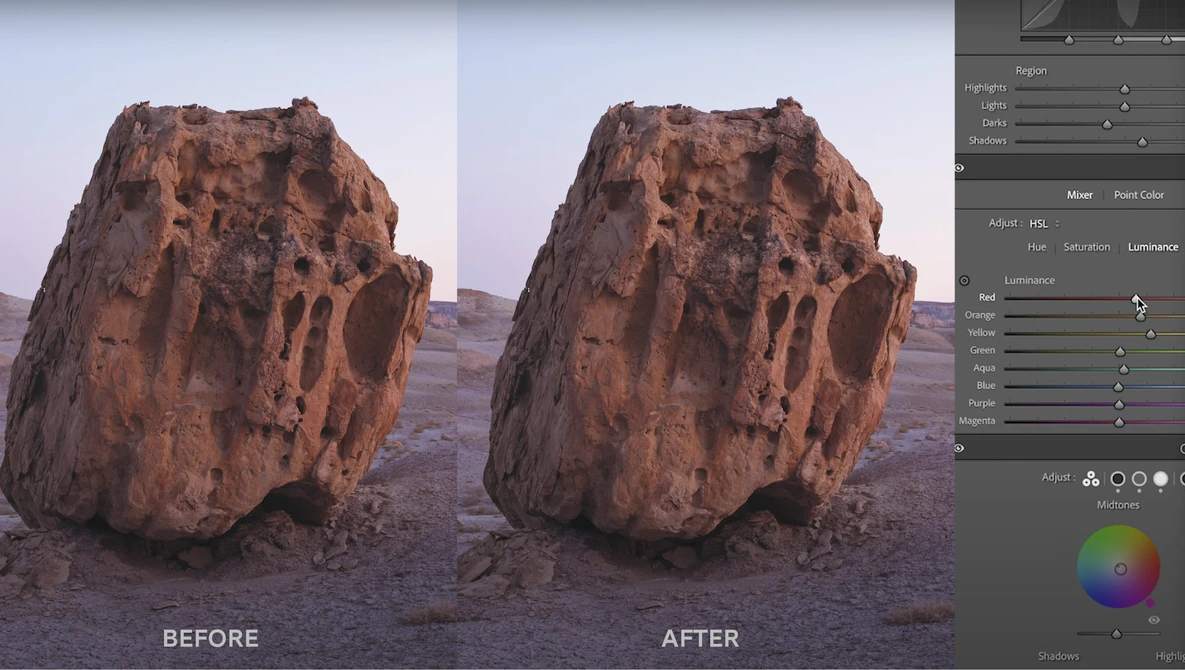 Screenshot showing before and after comparison of a large desert rock formation with Lightroom adjustment panels visible on the right.