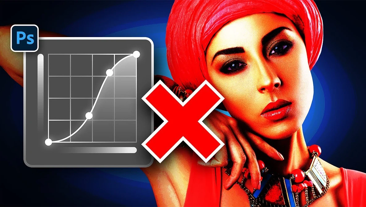 Screenshot of Photoshop curves adjustment dialog with a red X symbol and stylized portrait with red headwrap.