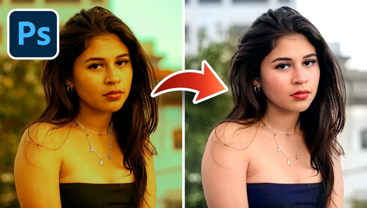 Before and after comparison showing color correction techniques applied to a portrait photograph.
