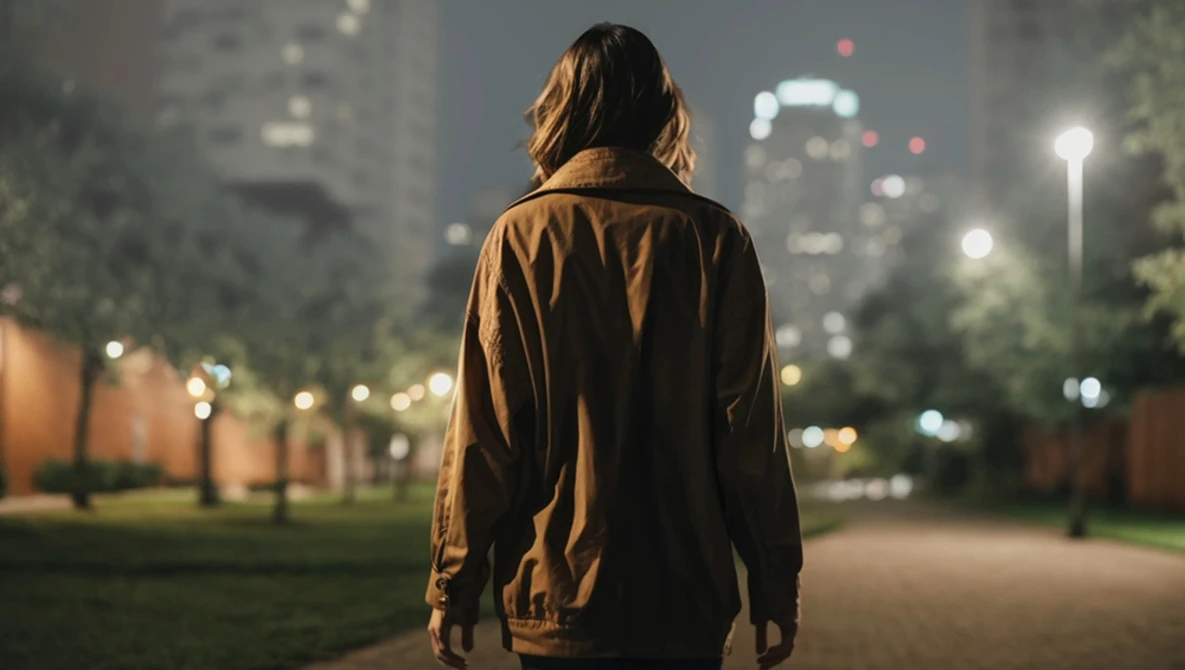Person in brown jacket walking away from camera through park at night with city skyline in background.
