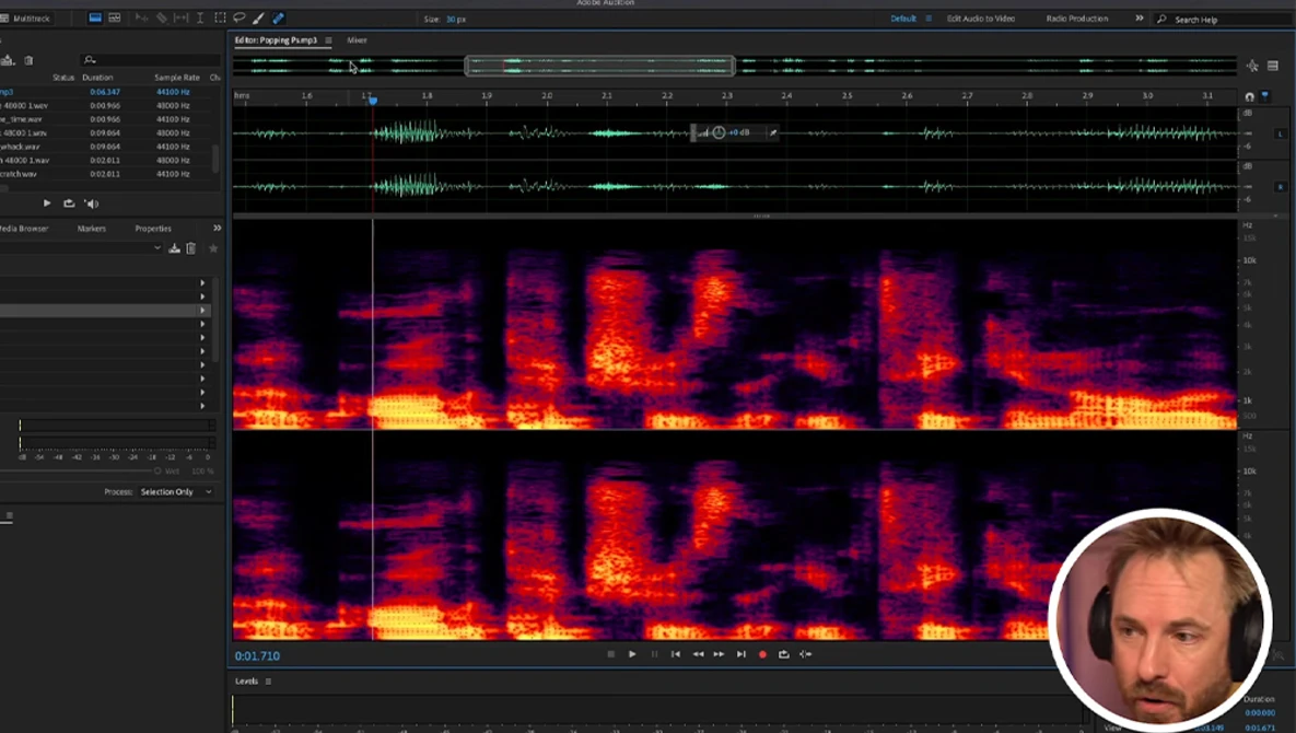 Screenshot of audio editing software showing waveforms and spectrograms during post-production work.