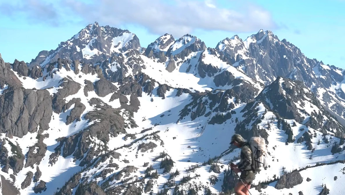 Snow-covered alpine peaks with forested slopes and exposed rock faces under partly cloudy skies.