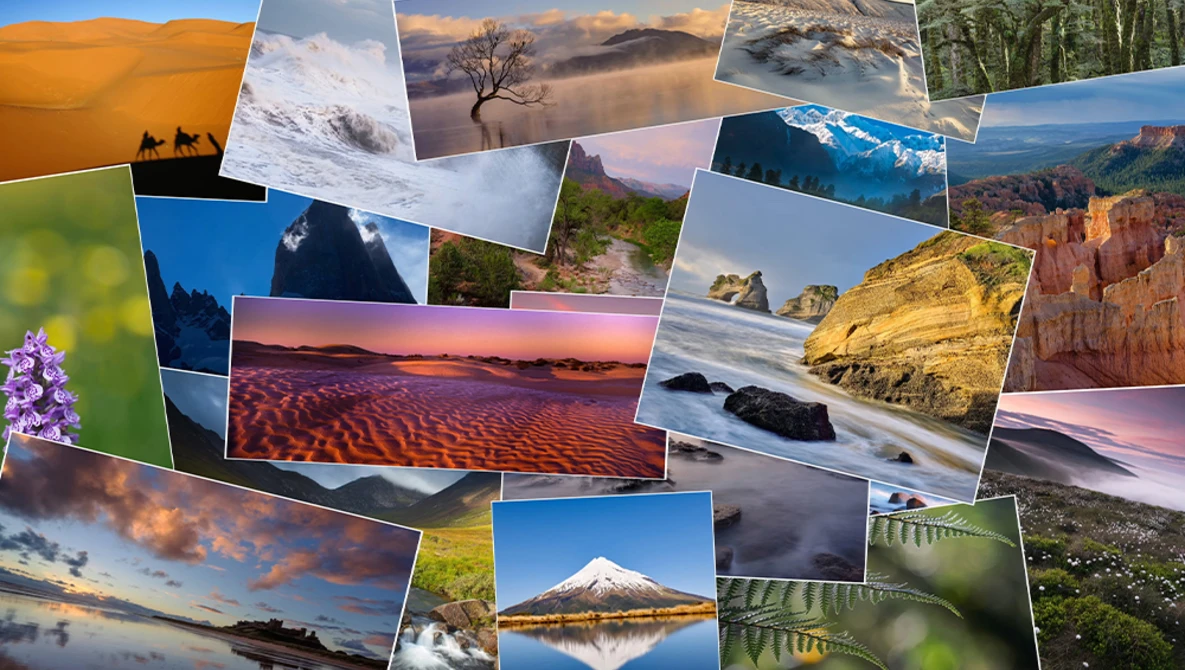 Collage of diverse landscape photographs displaying varied environments and lighting conditions.