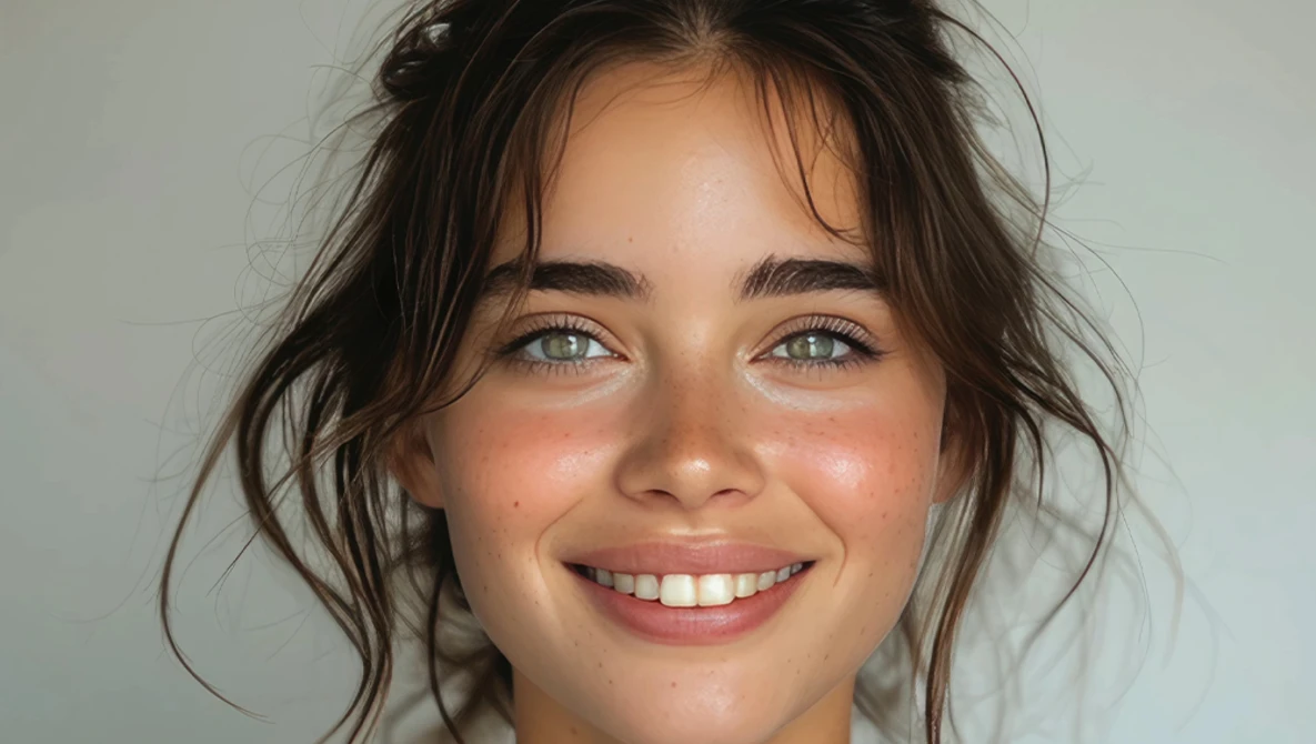 Young woman with dark hair and blue eyes smiling at camera against neutral background.