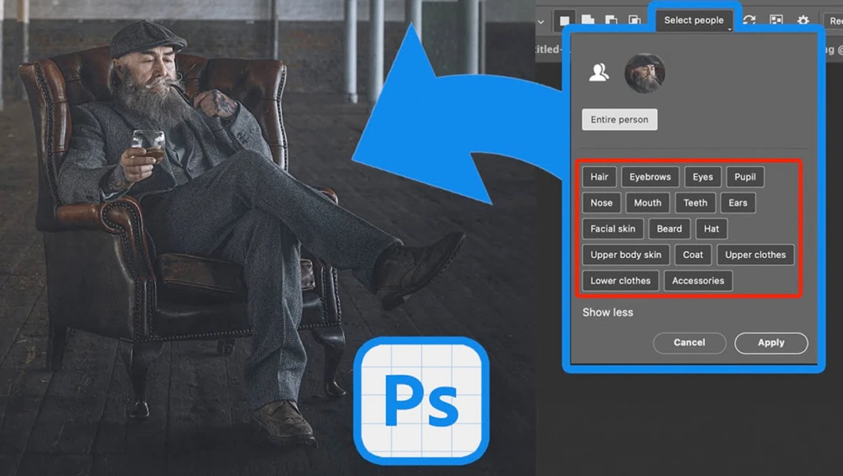 Screenshot of Photoshop's Select people tool with facial feature selection options displayed.