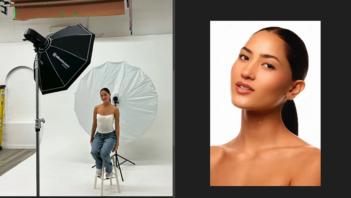 Studio portrait setup with model on stool under large umbrella reflector and key light.
