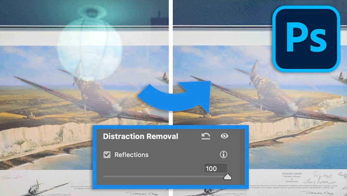 Screenshot of Photoshop's Distraction Removal tool being applied to a historical aircraft image.