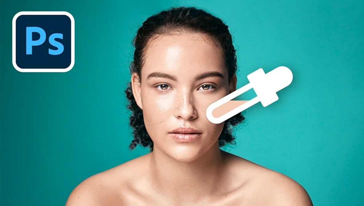 Woman's face against turquoise background with retouching tool overlay and Photoshop logo.