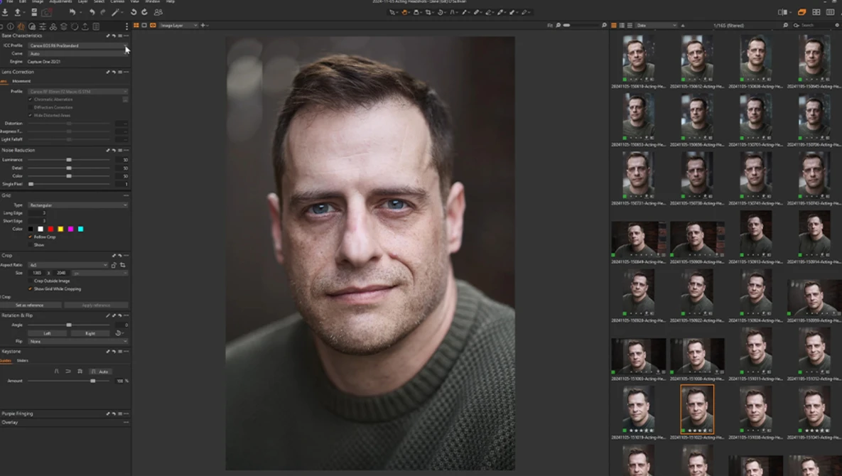 Screenshot of photo editing software showing portrait retouching workflow with main image and contact sheet.