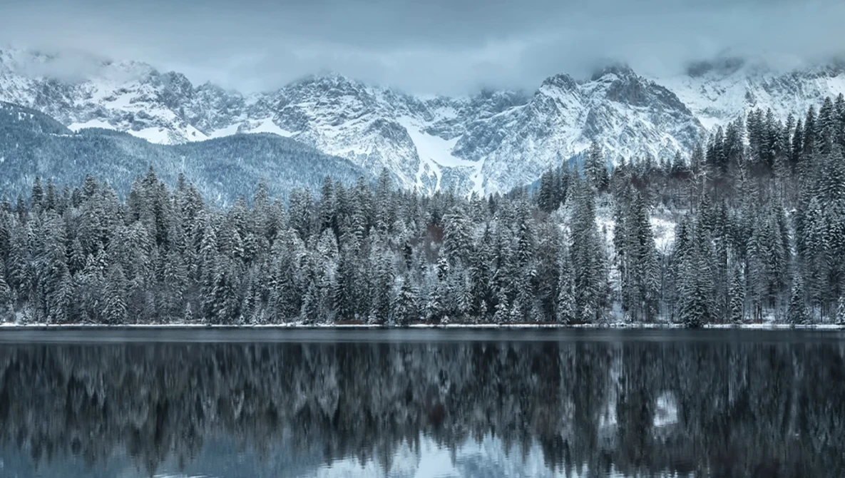 Snow-covered coniferous forest with jagged mountain peaks reflected in still lake water.