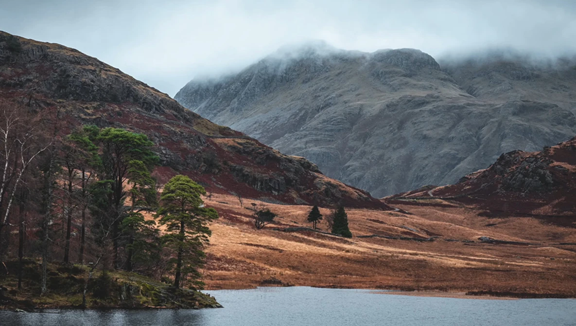 Misty mountains rise above a moorland valley with a small loch in the foreground and scattered trees along the shoreline.