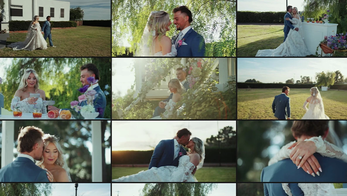 Wedding photography contact sheet featuring twelve images of a bride and groom in outdoor settings.